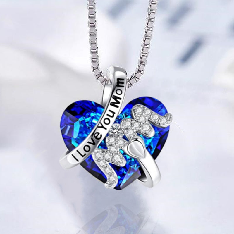 Luxury Fashion &quot;Mom&quot; Pendant Necklace Red Blue Heart Crystal Jewelry Ladies Anniversary Birthday Christmas Mother&#39;s Day Gift