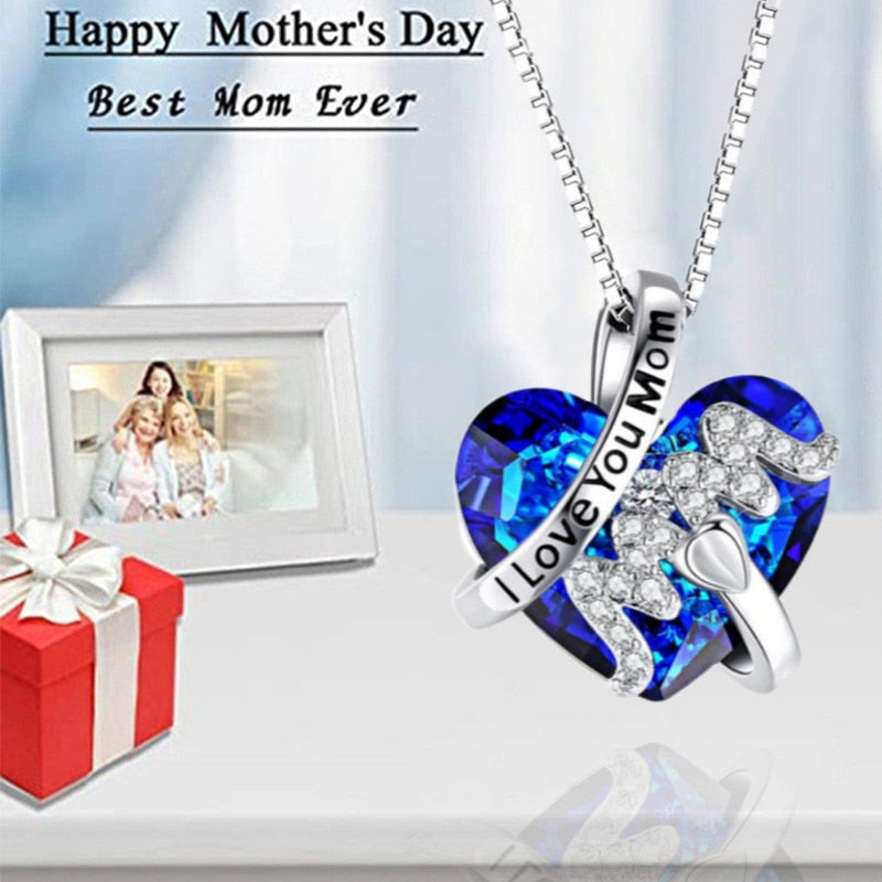 Luxury Fashion &quot;Mom&quot; Pendant Necklace Red Blue Heart Crystal Jewelry Ladies Anniversary Birthday Christmas Mother&#39;s Day Gift